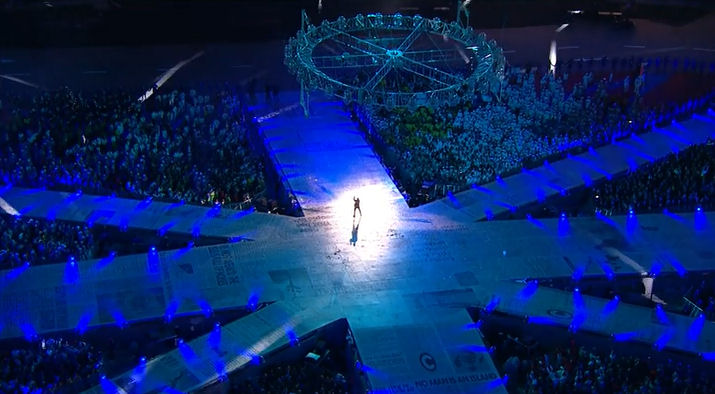 2012 Olympics Closing Ceremony London, George Michael Freedom, white light spotlight on word HELL