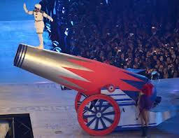 2012 Olympics Closing Ceremony London, monty python always look on the bright side human cannon ball