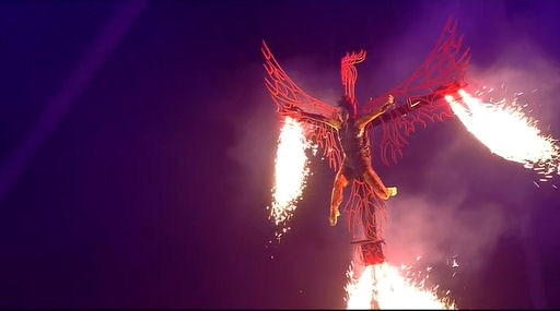 2012 Olympics Closing Ceremony London, phoenix girl flying into stadium on fire
