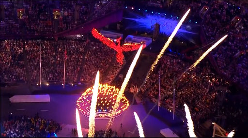 2012 Olympics Closing Ceremony London, phoenix rising sun bodhi tree fireworks