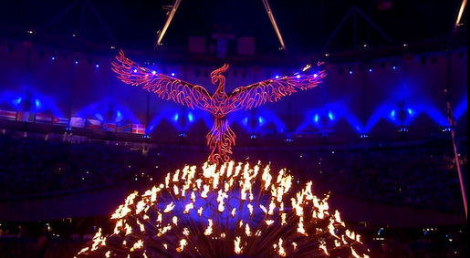 2012 Olympics Closing Ceremony London, phoenix rising sun bodhi tree