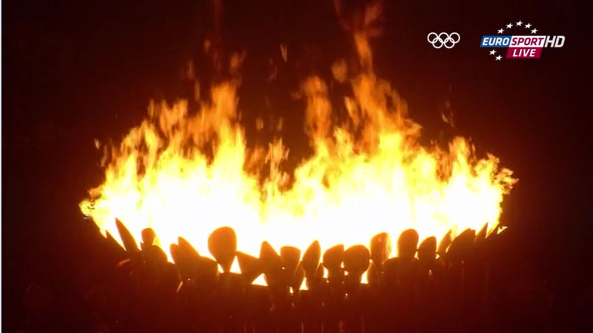 2012 Olympics opening ceremony final frame showing olympic caudron fire ablaze