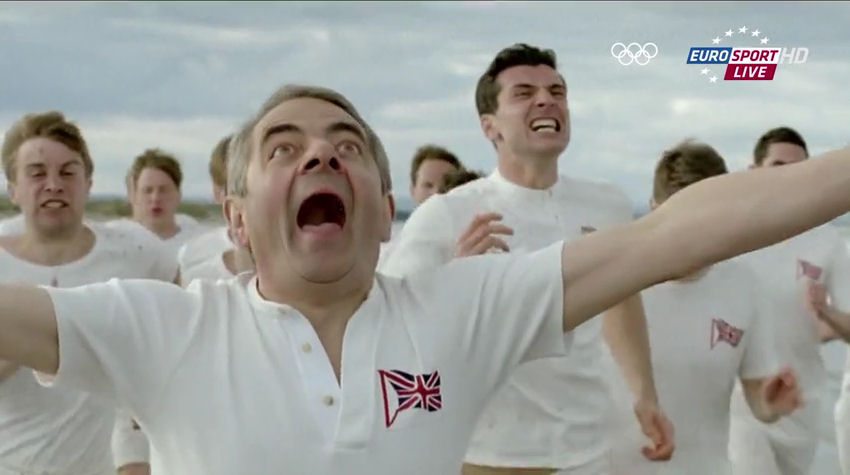 2012 Olympics opening ceremony human bein Mr. Bean fantasy wins Chariots of Fire race by cheating