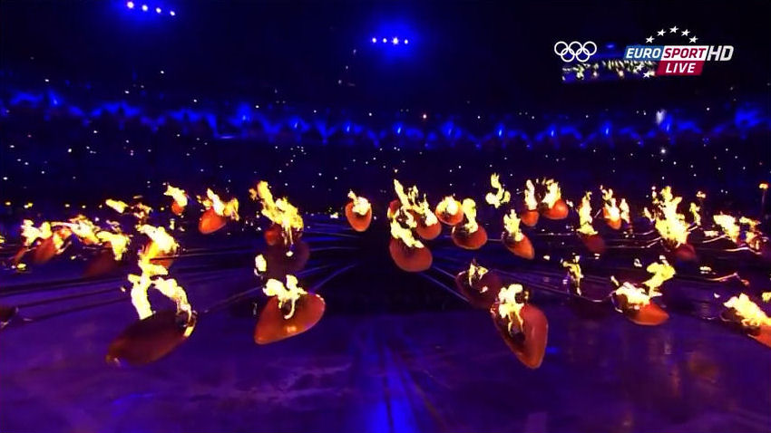 2012 Olympics opening ceremony flaming 200 copper petals enfolding like Venus flytrap into the sun