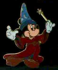 Walt Disney illuminati Mickey Mouse as apprentice's wizard logo, holding his magic wand