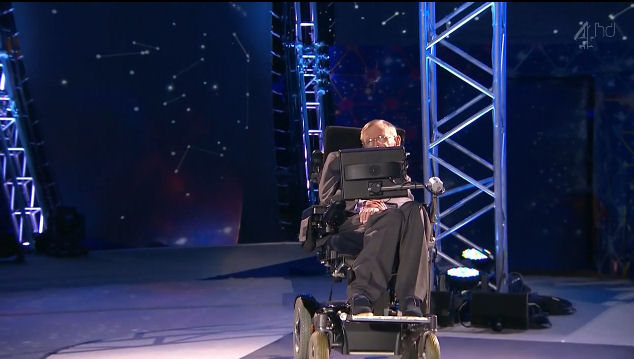 2012 Paralympics London Stephen Hawking at base of moon tower